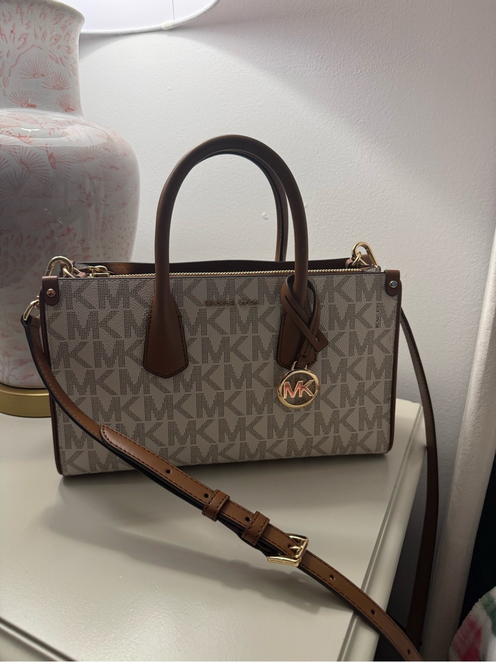 Michael Kors Beige/ Brown Signature MK Satchel with Gold Accent